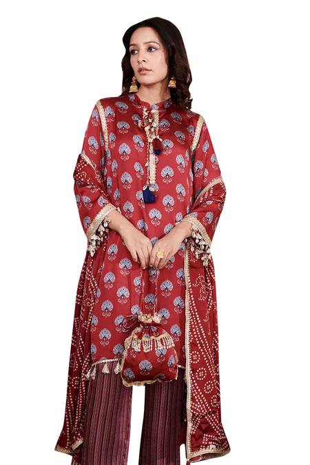Rainas Maroon Satin, Cotton Embroidery, Lace, Tassels, Floral Print Kurta Pant Set Online at Aza Fashions Rainas_Maroon Satin, Cotton Embroidery, Lace, Tassels, Floral Print Kurta Pant Set _Online_at_Aza_Fashions