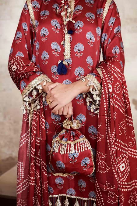 Buy Rainas Maroon Satin, Cotton Embroidery, Lace, Tassels, Floral Print Kurta Pant Set Online at Aza Fashions Buy_Rainas_Maroon Satin, Cotton Embroidery, Lace, Tassels, Floral Print Kurta Pant Set _Online_at_Aza_Fashions
