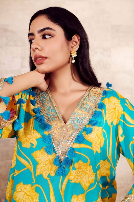 Shop Rainas Blue Cotton, Silk Tassels V-neck Floral Print Kurta And Pant Set Online at Aza Fashions Shop_Rainas_Blue Cotton, Silk Tassels V-neck Floral Print Kurta And Pant Set_Online_at_Aza_Fashions