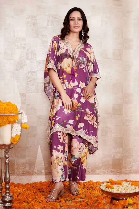 Rainas Purple Cotton Silk Printed Floral V Neck Embroidered Kaftan And Pant Set 