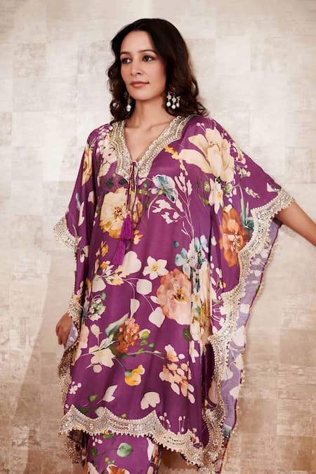 Rainas_Purple Cotton, Silk Lace V-neck Printed Embroidered Kaftan And Pant Set _Online_at_Aza_Fashions
