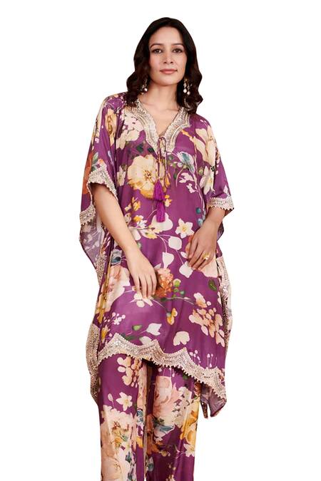 Buy_Rainas_Purple Cotton, Silk Lace V-neck Printed Embroidered Kaftan And Pant Set _Online_at_Aza_Fashions