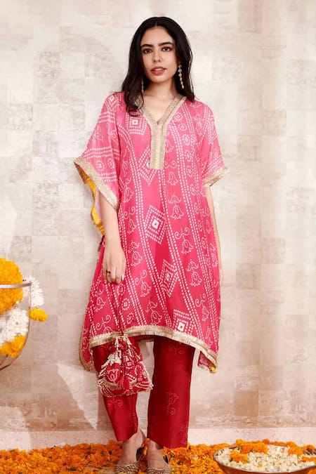 Rainas Bandhani Bloom Print Kaftan Set 