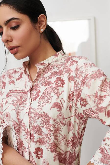 Rainas_Off White Linen Collared Safari Print Kurta With Tulip Pant_Online_at_Aza_Fashions