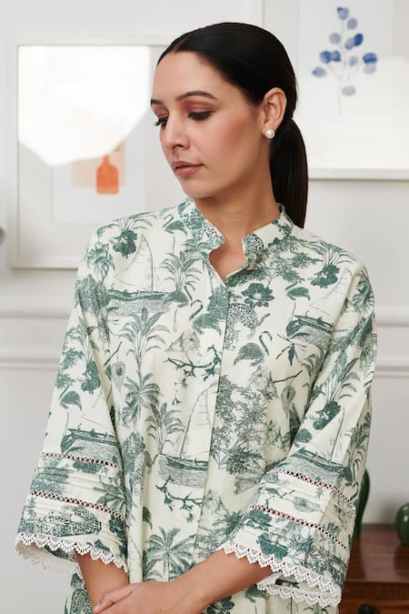 Shop Rainas Off White Linen Lace Collared Tropical Print Kurta With Tulip Pant at Aza Fashions Shop_Rainas_Off White Linen Lace Collared Tropical Print Kurta With Tulip Pant_at_Aza_Fashions