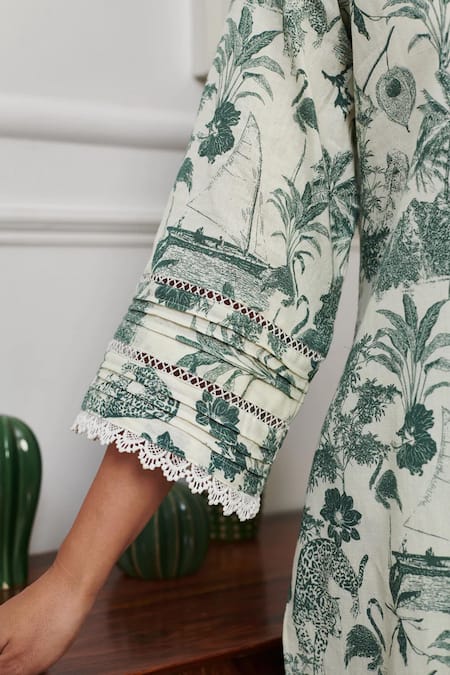 Rainas Off White Linen Lace Collared Tropical Print Kurta With Tulip Pant Online at Aza Fashions Rainas_Off White Linen Lace Collared Tropical Print Kurta With Tulip Pant_Online_at_Aza_Fashions