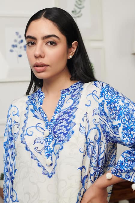 Shop Rainas Blue Cotton, Silk Pearls Collared Persian Bloom Print Kurta With Pant at Aza Fashions Shop_Rainas_Blue Cotton, Silk Pearls Collared Persian Bloom Print Kurta With Pant_at_Aza_Fashions