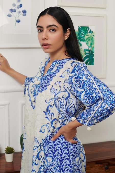 Rainas Blue Cotton, Silk Pearls Collared Persian Bloom Print Kurta With Pant Online at Aza Fashions Rainas_Blue Cotton, Silk Pearls Collared Persian Bloom Print Kurta With Pant_Online_at_Aza_Fashions