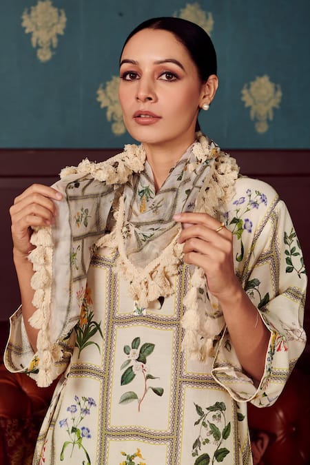 Rainas_Cream Chiffon, Cotton, Silk Tassels Collared Botanic Flora Print Kurta Pant Set _Online_at_Aza_Fashions
