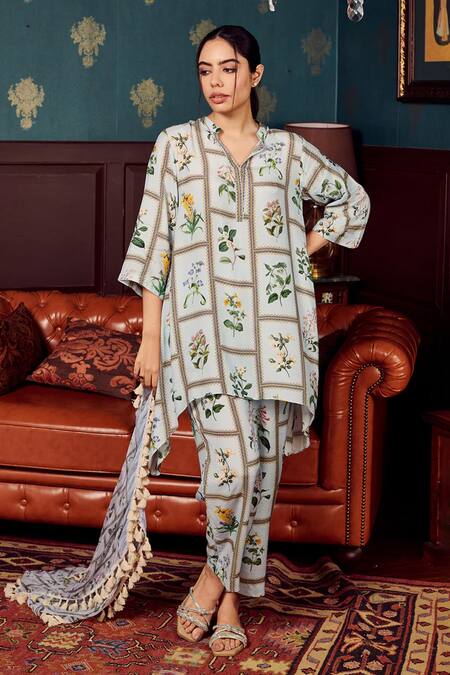 Shop Rainas Blue Chiffon, Cotton, Silk Collared Botanic Bloom Print Kurta Pant Set at Aza Fashions Shop_Rainas_Blue Chiffon, Cotton, Silk Collared Botanic Bloom Print Kurta Pant Set_at_Aza_Fashions
