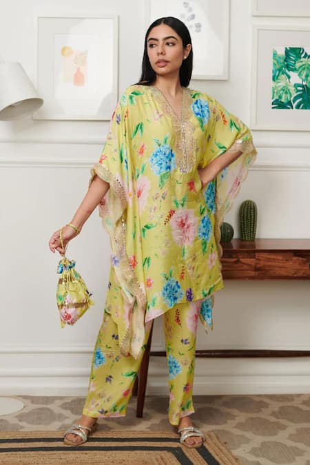 Rainas_Green Cotton, Silk Embroidery, Lace V-neck Flora Bloom Print Kaftan Set _Online_at_Aza_Fashions