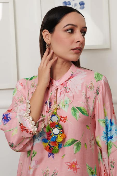 Shop Rainas Pink Cotton Pom-poms, Lace Mandarin Collar Bloomy Print Asymmetric Kurta Set at Aza Fashions Shop_Rainas_Pink Cotton Pom-poms, Lace Mandarin Collar Bloomy Print Asymmetric Kurta Set _at_Aza_Fashions