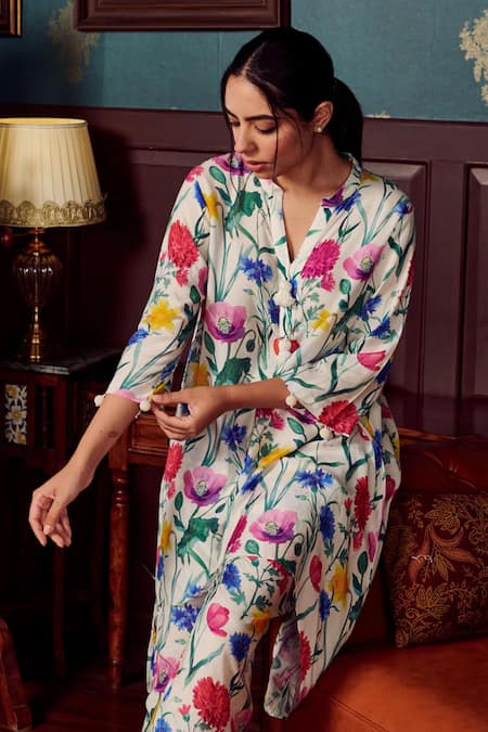 Shop Rainas White Cotton, Silk Pearls Collared Persian Fleur Print Kurta With Pant at Aza Fashions Shop_Rainas_White Cotton, Silk Pearls Collared Persian Fleur Print Kurta With Pant_at_Aza_Fashions