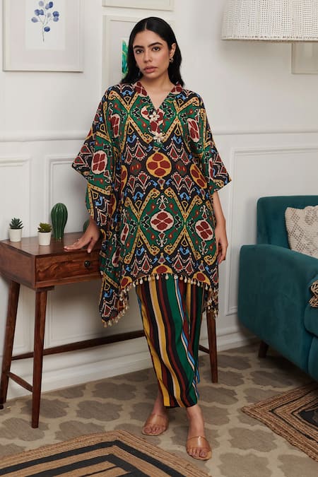 Rainas Tribal Ikat Print Kaftan With Striped Pant 