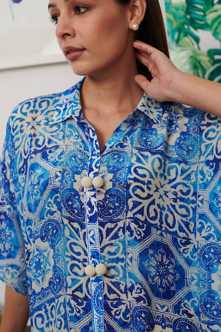 Shop_Rainas_Blue Cotton, Silk Beads Collared Mosaic Fleur Print Shirt With Pant _at_Aza_Fashions