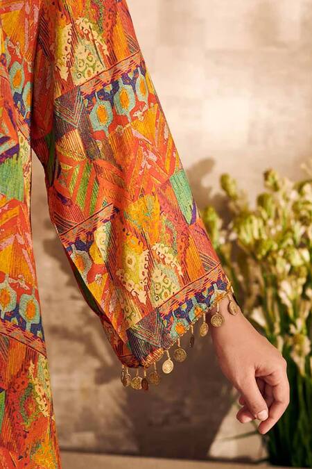 Rainas_Orange Cotton, Silk V-neck Art Nouveau Print Asymmetric Kurta With Pant_Online_at_Aza_Fashions