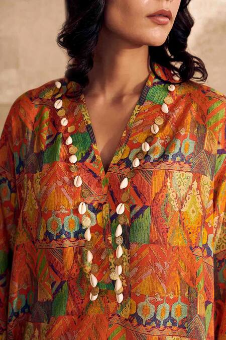 Buy_Rainas_Orange Cotton, Silk V-neck Art Nouveau Print Asymmetric Kurta With Pant_Online_at_Aza_Fashions