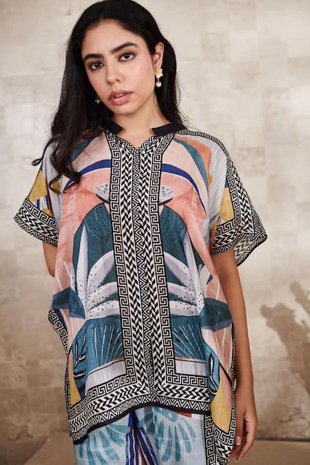 Shop Rainas Blue Cotton, Silk Mandarin Collar Fleur Art Print Top With Pant at Aza Fashions Shop_Rainas_Blue Cotton, Silk Mandarin Collar Fleur Art Print Top With Pant _at_Aza_Fashions