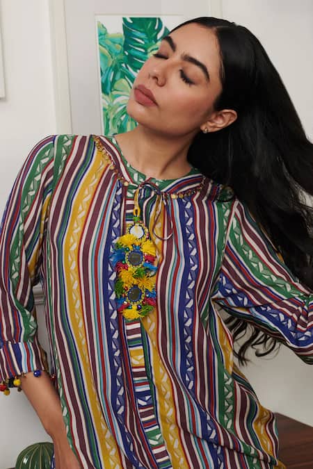 Shop Rainas Multi Color Cotton, Silk Tassels Round Neck Ladder Stripe Print Kurta With Pant at Aza Fashions Shop_Rainas_Multi Color Cotton, Silk Tassels Round Neck Ladder Stripe Print Kurta With Pant_at_Aza_Fashions