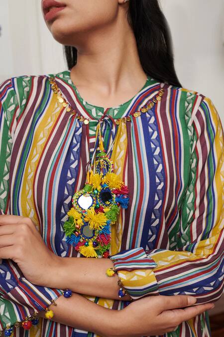 Rainas Multi Color Cotton, Silk Tassels Round Neck Ladder Stripe Print Kurta With Pant Online at Aza Fashions Rainas_Multi Color Cotton, Silk Tassels Round Neck Ladder Stripe Print Kurta With Pant_Online_at_Aza_Fashions