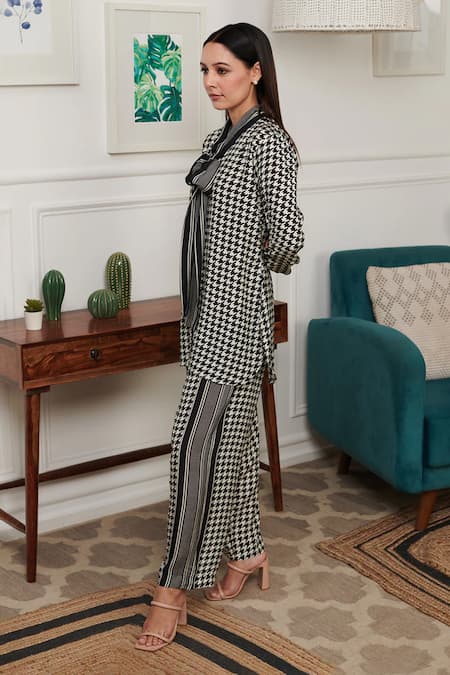 Shop Rainas Black Cotton, Silk Collared Houndstooth Print Tie Up Top With Pant at Aza Fashions Shop_Rainas_Black Cotton, Silk Collared Houndstooth Print Tie Up Top With Pant_at_Aza_Fashions