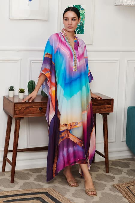 Shop Rainas Multi Color Cotton, Silk Sequins Collared Splash Wave Print Ombre Kaftan at Aza Fashions Shop_Rainas_Multi Color Cotton, Silk Sequins Collared Splash Wave Print Ombre Kaftan _at_Aza_Fashions