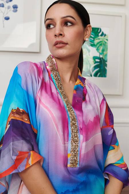 Rainas Multi Color Cotton, Silk Sequins Collared Splash Wave Print Ombre Kaftan Online at Aza Fashions Rainas_Multi Color Cotton, Silk Sequins Collared Splash Wave Print Ombre Kaftan _Online_at_Aza_Fashions