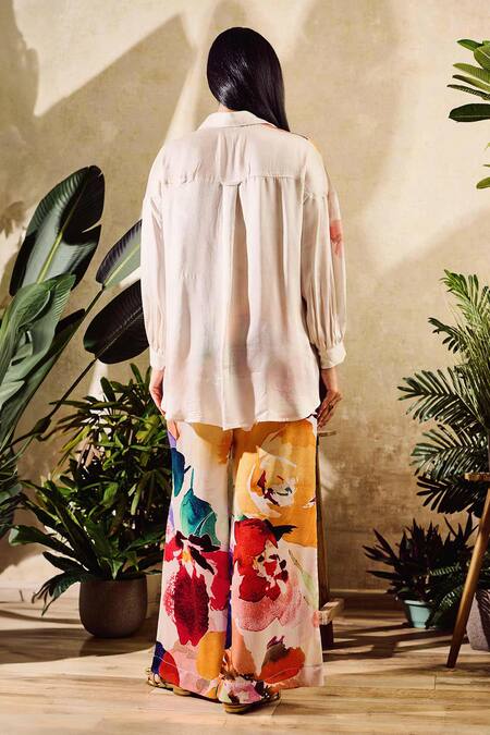 Shop Rainas Off White Silk, Satin Embroidery Collared Floral Bloom Print Shirt With Pant at Aza Fashions Shop_Rainas_Off White Silk, Satin Embroidery Collared Floral Bloom Print Shirt With Pant_at_Aza_Fashions