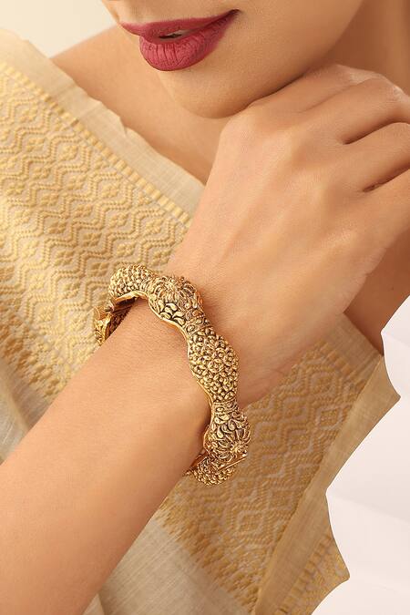 SUIKALA_Gold Plated Embroidery Carved Floral Temple Kada _Online_at_Aza_Fashions