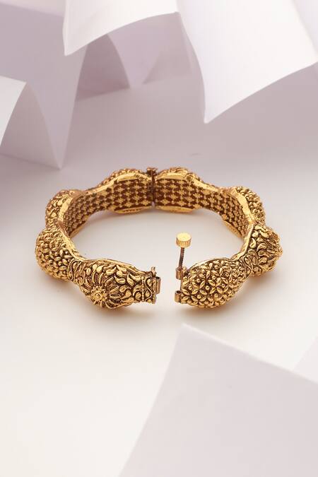 Buy_SUIKALA_Gold Plated Embroidery Carved Floral Temple Kada _Online_at_Aza_Fashions