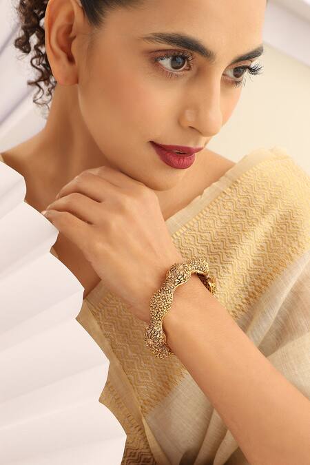 Shop_SUIKALA_Gold Plated Embroidery Carved Floral Temple Kada _Online_at_Aza_Fashions