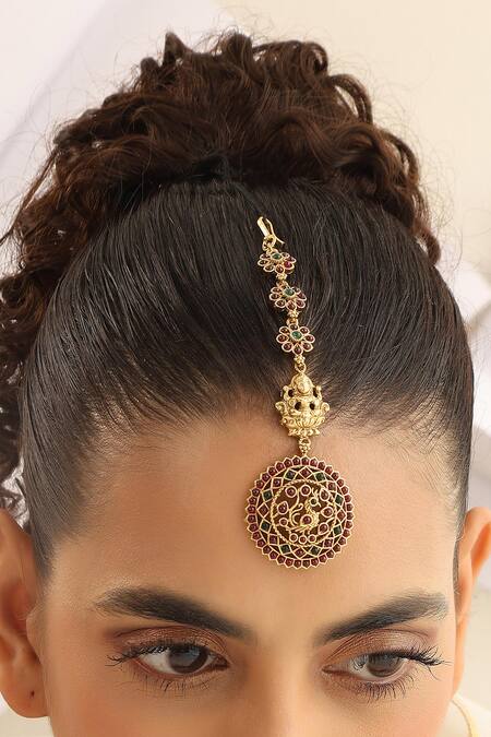SUIKALA_Gold Plated Stone Studded Temple Maangtikka _Online_at_Aza_Fashions