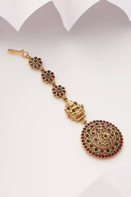 Buy_SUIKALA_Gold Plated Stone Studded Temple Maangtikka _Online_at_Aza_Fashions