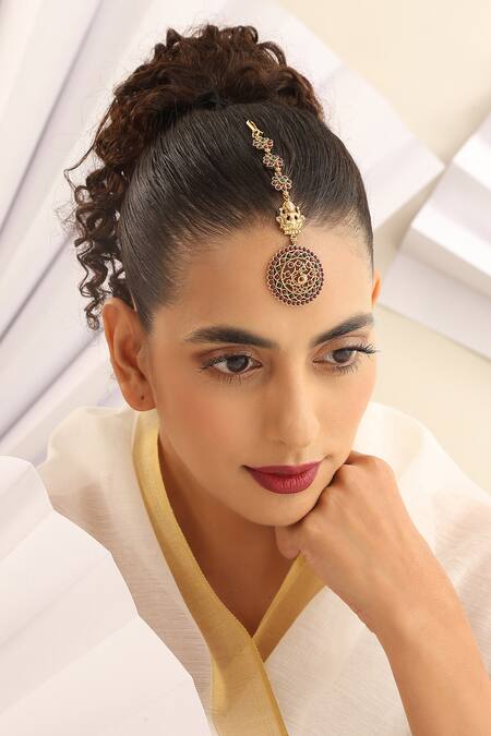 Shop_SUIKALA_Gold Plated Stone Studded Temple Maangtikka _Online_at_Aza_Fashions