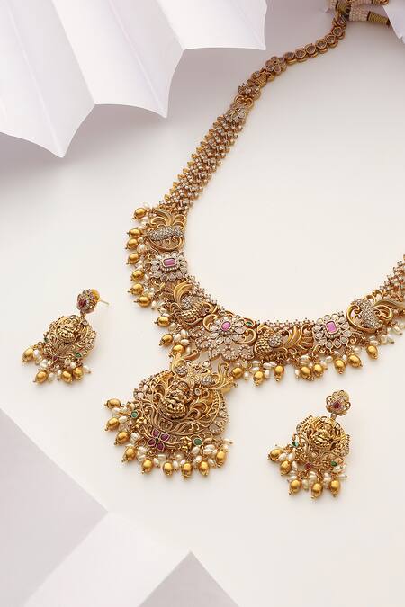 SUIKALA_Gold Plated Pearls, Stones Laxmi Studded Long Necklace Set _Online_at_Aza_Fashions
