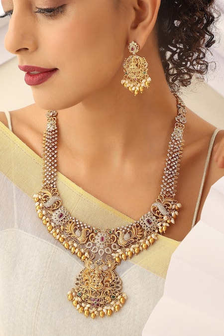 Buy_SUIKALA_Gold Plated Pearls, Stones Laxmi Studded Long Necklace Set _Online_at_Aza_Fashions