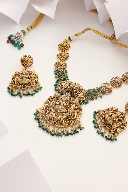 SUIKALA Green Beads Carved Deity Temple Necklace Set Online at Aza Fashions SUIKALA_Green Beads Carved Deity Temple Necklace Set _Online_at_Aza_Fashions