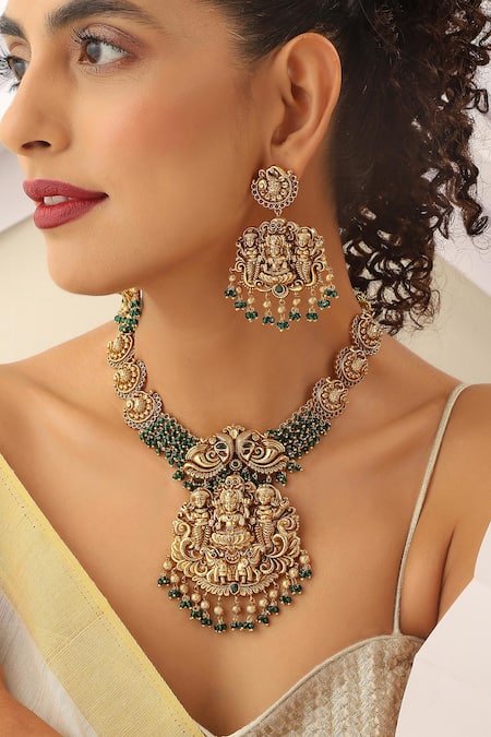 Buy SUIKALA Green Beads Carved Deity Temple Necklace Set Online at Aza Fashions Buy_SUIKALA_Green Beads Carved Deity Temple Necklace Set _Online_at_Aza_Fashions