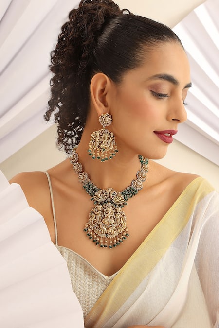 Shop SUIKALA Green Beads Carved Deity Temple Necklace Set Online at Aza Fashions Shop_SUIKALA_Green Beads Carved Deity Temple Necklace Set _Online_at_Aza_Fashions