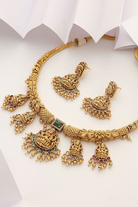 SUIKALA_Green Beads, Stones Carved Temple Hasli Necklace Set _Online_at_Aza_Fashions