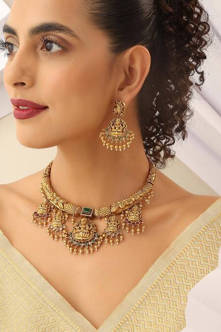 Buy_SUIKALA_Green Beads, Stones Carved Temple Hasli Necklace Set _Online_at_Aza_Fashions
