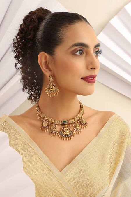 Shop_SUIKALA_Green Beads, Stones Carved Temple Hasli Necklace Set _Online_at_Aza_Fashions