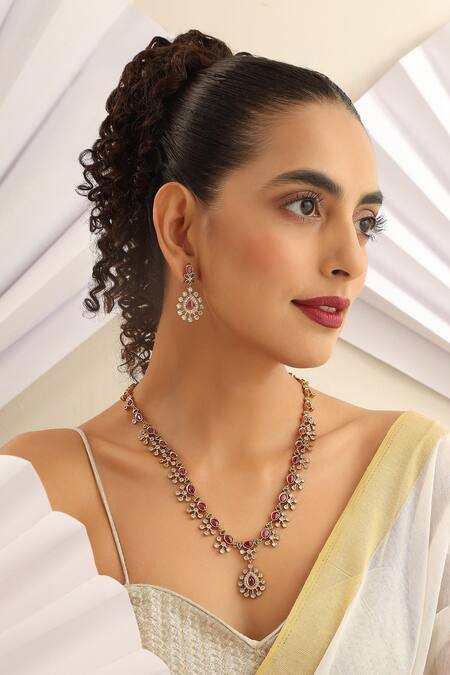 Shop_SUIKALA_Red Stones Studded Long Necklace Set_Online_at_Aza_Fashions