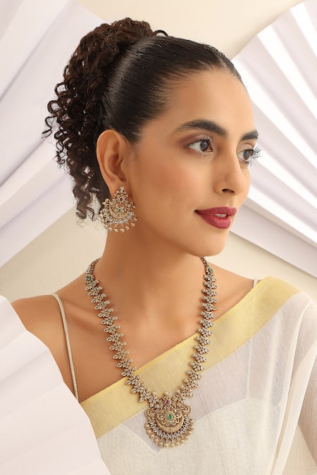 MUDRA LUXE Gold Plated Stone Floral Studded Long Necklace Set 