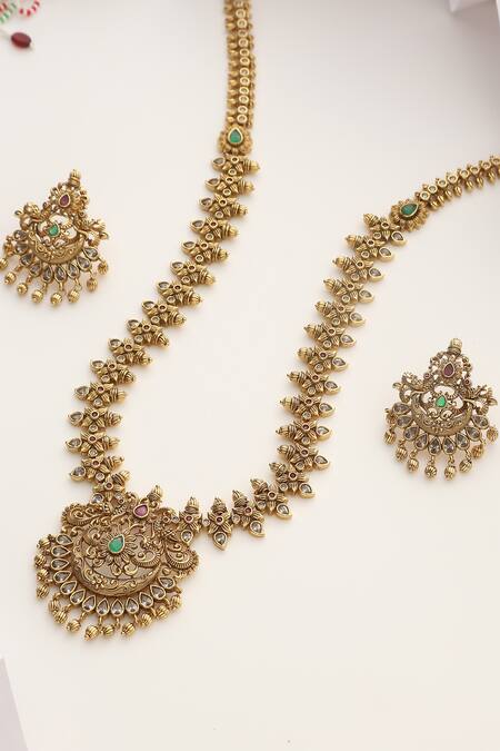 SUIKALA_Gold Plated Stones Floral Studded Long Necklace Set _Online_at_Aza_Fashions