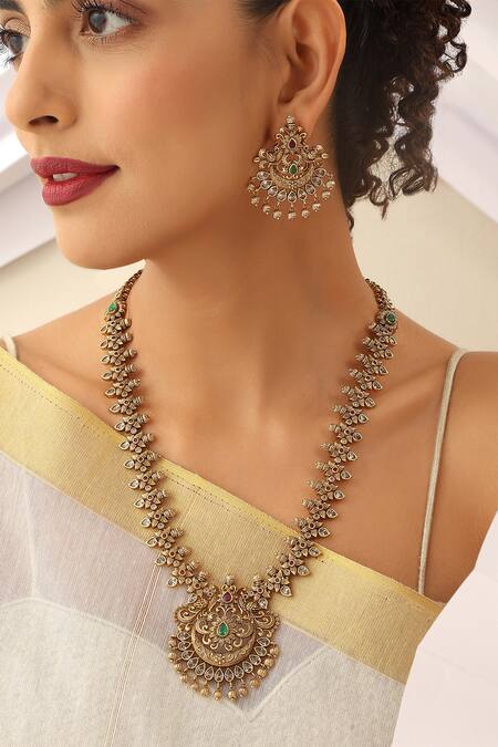 Buy_SUIKALA_Gold Plated Stones Floral Studded Long Necklace Set _Online_at_Aza_Fashions