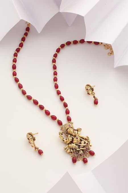 SUIKALA Lord Ganesha Carved Pendant Necklace Set 