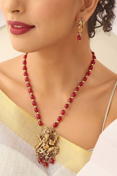 SUIKALA_Gold Plated Stones, Beads Lord Ganesha Carved Pendant Necklace Set _Online_at_Aza_Fashions