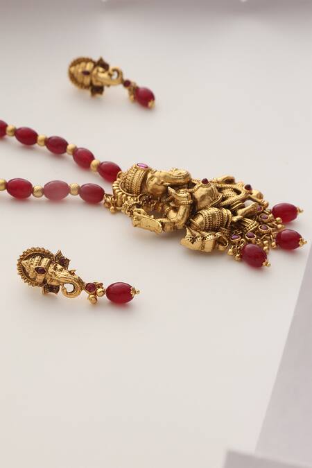 Buy_SUIKALA_Gold Plated Stones, Beads Lord Ganesha Carved Pendant Necklace Set _Online_at_Aza_Fashions