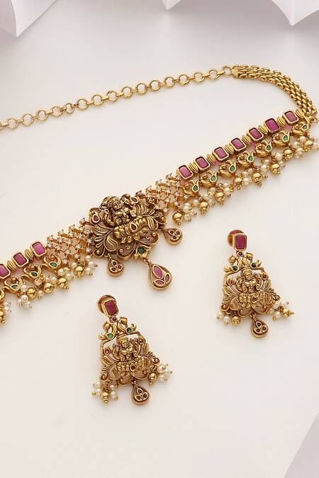 SUIKALA Gold Plated Pearls, Stones Laxmiji Carved Choker Necklace Set Online at Aza Fashions SUIKALA_Gold Plated Pearls, Stones Laxmiji Carved Choker Necklace Set_Online_at_Aza_Fashions